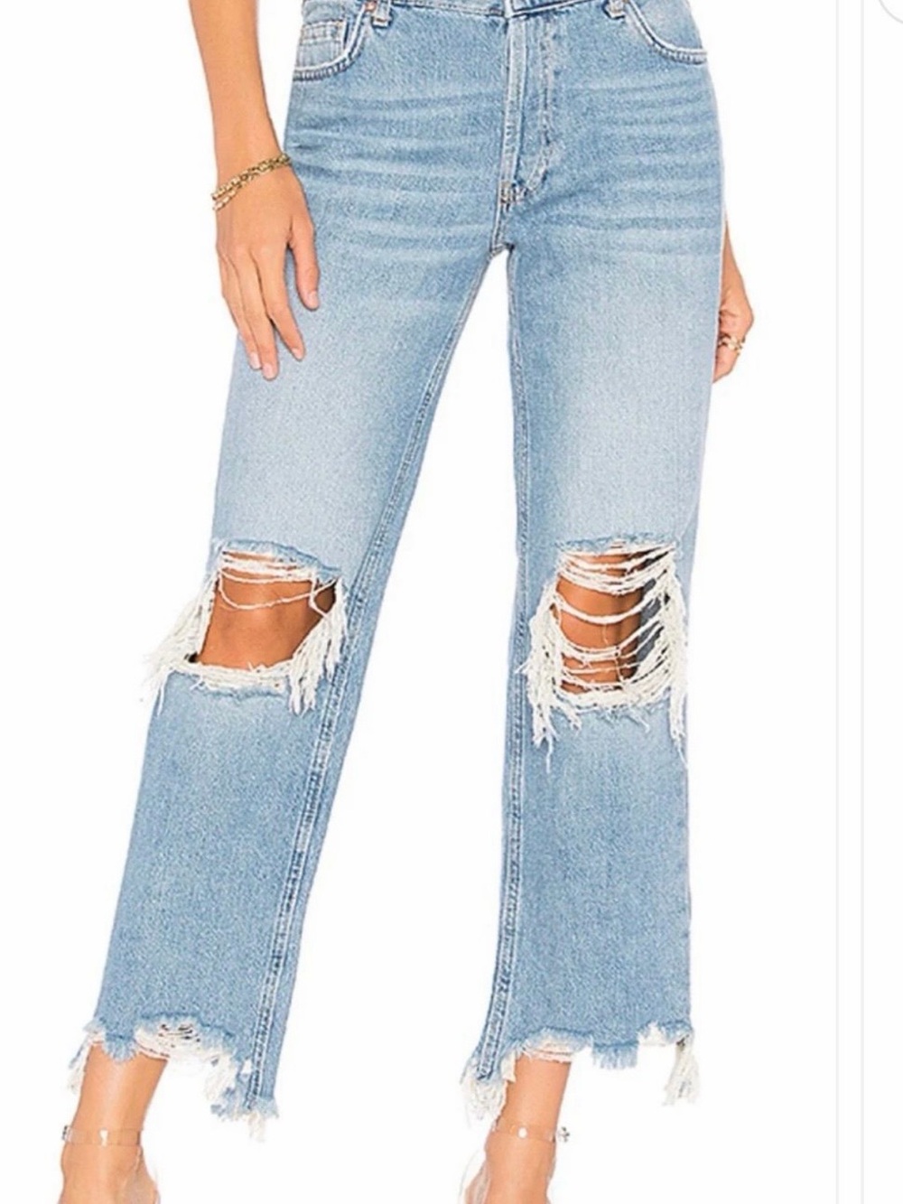 Free People Light Blue High-Rise Distressed Cropped Jeans